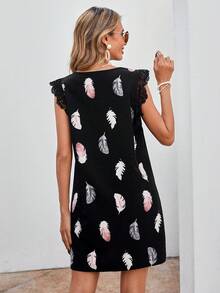 SHEIN VCAY 女士鬆身v領羽毛印花裙 - 黑色 - 查看 2