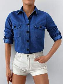 Cottnline Flap Pocket Roll Tab Sleeve Denim Shirt - Blue - View 5