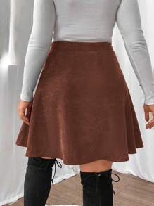 Flirla Một Kích thước lớn Vải to sợi Nút phía trước Váy chữ A - Cà phê nâu - Xem 2