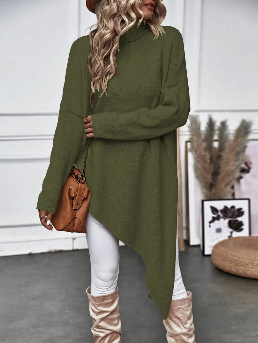 SHEIN Essnce 女士高领落肩不对称下摆毛衣 - 軍綠色 - 查看 1