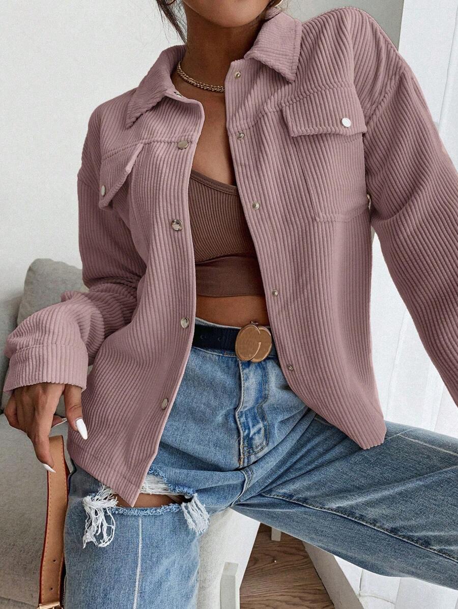 SHEIN EZwear Flap Pocket Button Front Corduroy Jacket - Dusty Pink - View 1