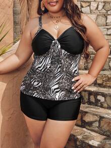 SHEIN Swim Curve Plus Size Women's Zebra Print Tankini With Shorts - Multicolor - View 4