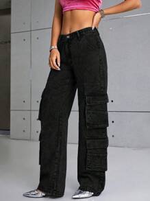 SHEIN ICON 翻蓋口袋工裝牛仔褲 - 黑色 - 查看 3