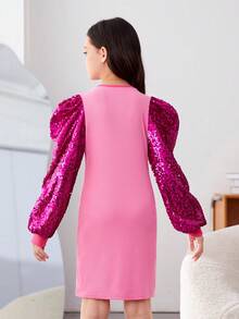 SHEIN 青少女可愛又時髦的運動風格針織對比色塊圓領長袖連衣裙，具有心形閃粉細節 - 粉色 - 查看 2