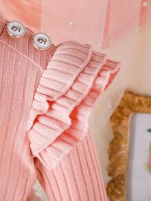 女嬰連結細節荷葉邊羅紋針織 T 恤和毛絨裙 2 件/套 - 粉色 - 查看 5