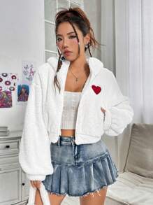 SHEIN EZwear Của phụ nữ Thêu trái tim Tai 3D Túi khóa kéo Sang trọng Ngắn Áo khoác - trắng - Xem 3