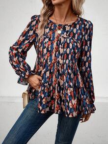 SHEIN LUNE Camisa De Muñeca De Manga Con Volantes Y Estampado Integral De Hojas Para Damas - Multicolor - Ver 3