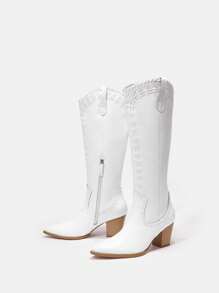 SheIn VCAY Stylish Pointed Toe Chunky Heel Women's Boots Cowboy Boots - White - View 3