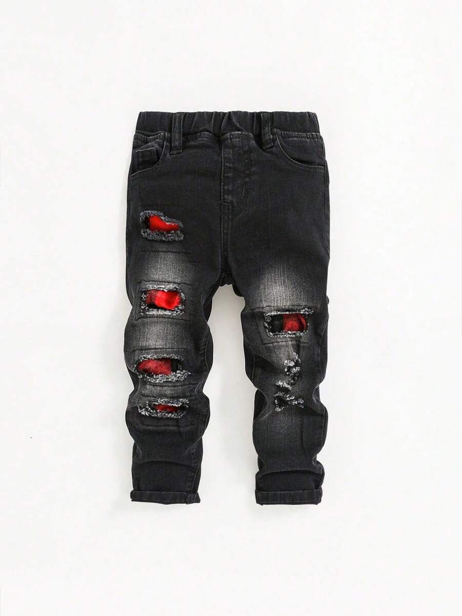 SHEIN Young Boy Ripped Dark Wash Jeans - Black - View 1