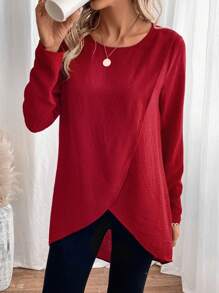 SHEIN LUNE 女士圓領不對稱下擺襯衫 - 酒紅色 - 查看 1