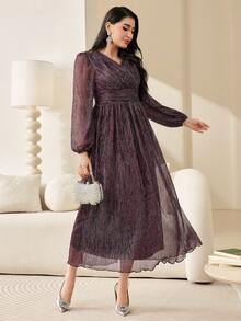 Modelyn Tay áo lồng đèn Eo Ruched Váy sequin - Màu đỏ tím - Xem 3