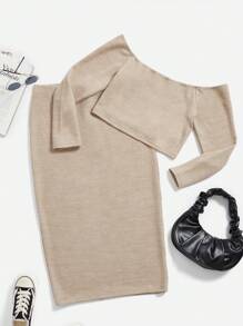 SHEIN BASICS Plus Off Shoulder Crop Top & Skirt - Khaki - View 6