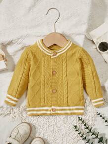 Baby Boy Striped Trim Cable Knit Cardigan - Yellow - View 1