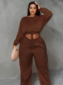 Slaydiva Kích thước lớn Hem Dây rút Hoodie Và Quần thể thao Bộ - màu nâu - Xem 5