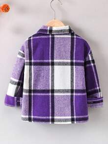 SHEIN 女小童格紋翻蓋口袋前紐扣襯衫 - 紫色 - 查看 2
