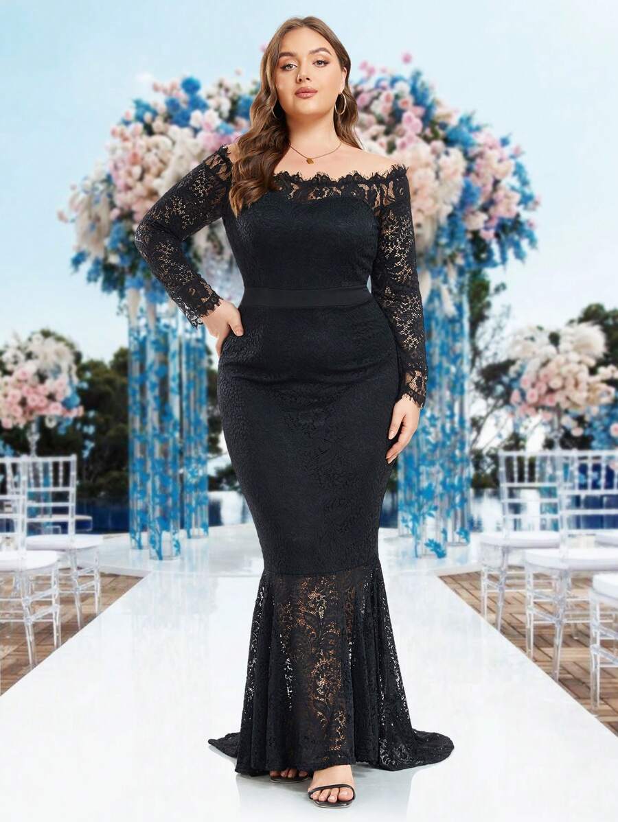 Vestido de noche formal de encaje color negro con hombros descubiertos y estilo cola de sirena, de manga larga, para graduación, cena o fiesta, vestido de invitada de boda - Negro - Ver 1