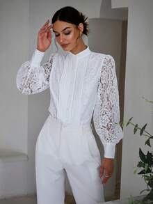 Sollinarry Women's Elegant Commuting Solid Color Lace Patchwork Pleated Long Sleeve Blouse, Autumn - White - View 5