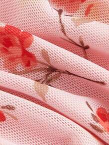 SHEIN MOD Floral Print Lace Trim Ruched Bust Tie Front Flare Sleeve Tee - Pink - View 3