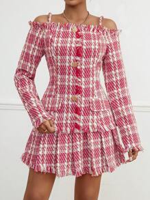 SHEIN Privé Conjunto De Chaqueta Y Falda De Tweed Con Detalles De Dobladillo Crudo Y Cuello Descubierto - Rojo - Ver 4