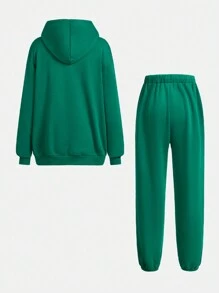 SHEIN 2 piezas Conjunto de sudadera con capucha con estampado de letras y pantalones de forro polar de unicolor, engrosado, para chicos adolescentes