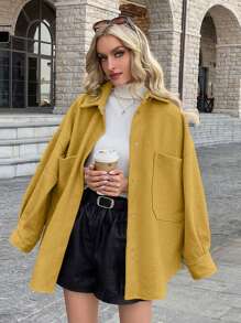 SHEIN Essnce 口袋設計落肩羊毛夾克 - 芥末黃 - 查看 1