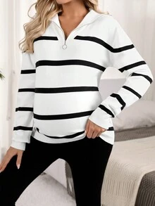 Thai sản Mẫu sọc Thả vai Áo len - Đen và trắng - Xem 6