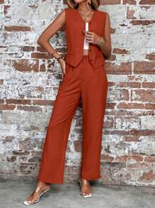 SHEIN LUNE Women Suit Sets Kantong Tombol Depan Plain Casual - Mocha Brown - View 3
