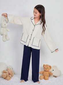 SHEIN 青少年女孩撞色边饰长袖家居服套装，2 件套 - 藏蓝色 - 查看 2