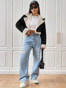 SHEIN EZwear Veste moto zippée pour femme avec col large doublée en teddy