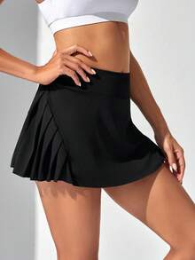 Tennis Casual Solid Pleated Sports Skort - Black - View 8