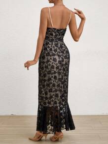 SHEIN Privé 女士花朵刺繡蕾絲汀扣肩裙 - 黑色 - 查看 2