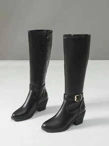 時尚及膝靴子適合女士,黑色,裝飾的帶金屬扣,側拉鍊,多用途,圓頭,粗跟高跟鞋,舒服的,適用於秋天&冬天 - 黑色 - 查看 4