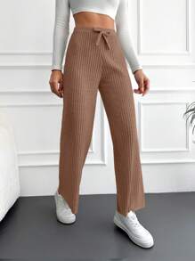 SHEIN Cottnline Women's Tie-waist Ribbed Trousers - Camel - View 4