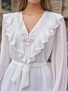 SHEIN Frenchy Của phụ nữ Màu thuần Ruffled Chấm Swiss Váy có thắt lưng - trắng - Xem 9