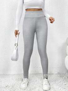 Chiquease 纯色宽腰带保暖内衬保暖紧身裤