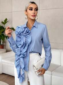 SHEIN Privé Ladies' Solid Color Lace Trimmed Decor Shirt - Blue - View 6
