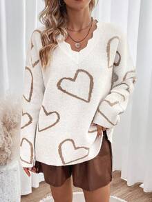 Chiquease Hình trái tim Cắt vỏ sò Thả vai Áo len - trắng - Xem 4