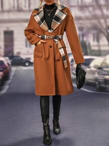 SHEIN LUNE Women's Plaid Belted Woolen Jacket - Mocha Brown - View 6