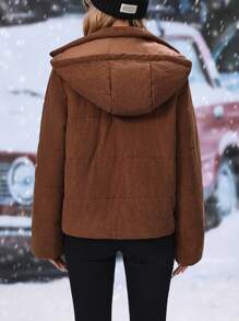 SHEIN LUNE Zipper & Drawstring Hooded Padded Padded Coat Clothes Winter - Brown - View 2