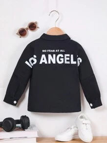 SHEIN 女小童字母圖案前紐扣夾克 - 黑色 - 查看 1