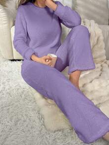 女性純色毛絨家居服裝套裝 - 紫色 - 查看 5