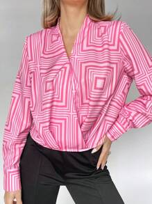 SHEIN BIZwear 女性幾何印花襯衫,全面印花設計 - 玫紅色 - 查看 5
