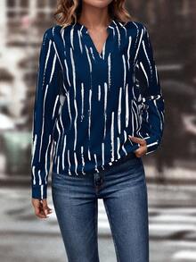 SHEIN LUNE Blusa con estampado de pincelada de cuello notch - Azul - Ver 7