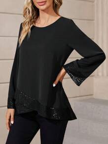 EMERY ROSE Women's Asymmetrical Line Printed Round Neck Loose Long Sleeve Shirt For Spring/Summer Teacher Shirts Women Blouses - Black - View 3