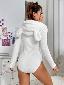 SHEIN EZwear 女式純色3d耳朵設計連帽抱抱服配腰帶 - 白色 - 查看 2