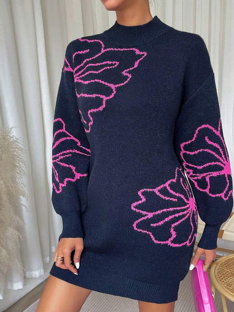 Women's Floral Pattern Knitted Sweater Dress Fall Cloth For Women