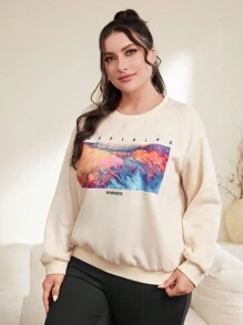 Mulvari Plus Letter Graphic Drop Shoulder Sweatshirt - Apricot - View 7