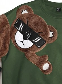 Manfinity Homme Loose Fit Men's Round Neck Pullover With Bear Embroidery - Army Green - View 7