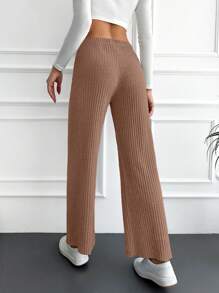 SHEIN Cottnline Women's Tie-waist Ribbed Trousers - Camel - View 2