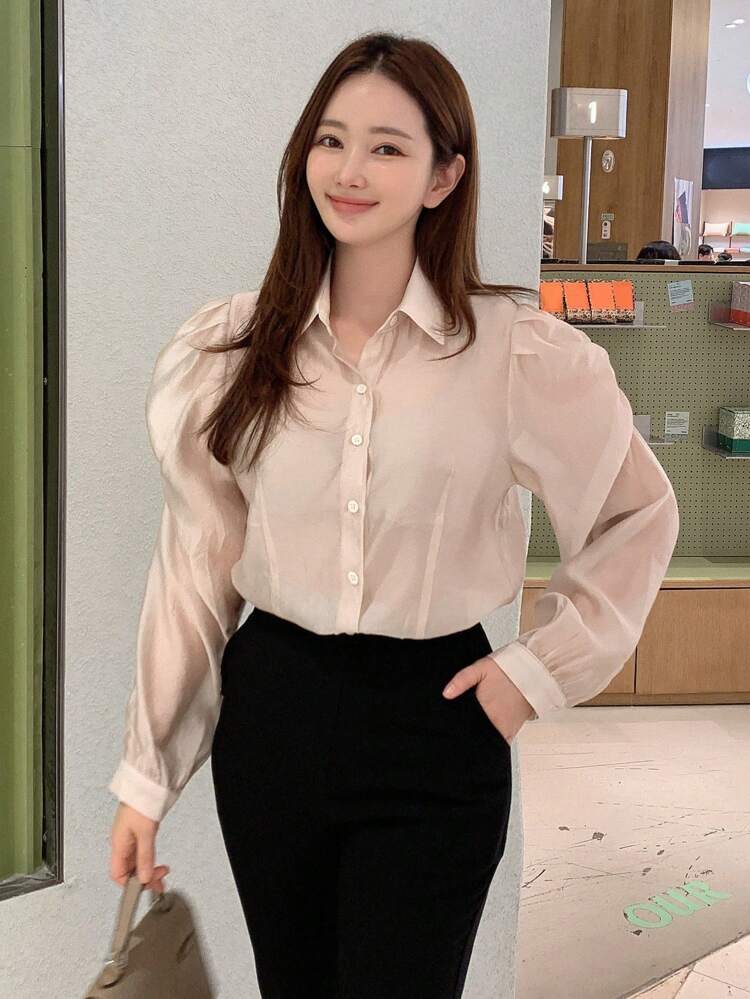 Solid Button Front Puff Sleeve Shirt,Fall Clothes Long Sleeve Top